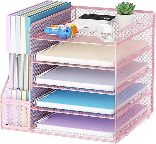 Marbrasse Desk Organizers and Accessories, 5-Tier Paper Letter Tray Organizer with File Holder, Mesh File Organizer, Office Desk Accessories & Organization for Supplies (Pink)-DeskLoop Office