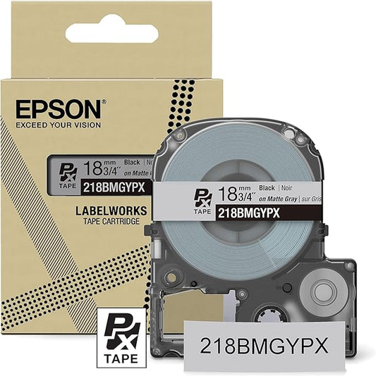 Epson LABELWORKS 218BMGYPX Genuine PET (Polyester) Tape Cartridge - Black on Matte Light Gray Designer Craft Label Maker Tape - 3/4" (18MM) Wide, 26'-DeskLoop Office