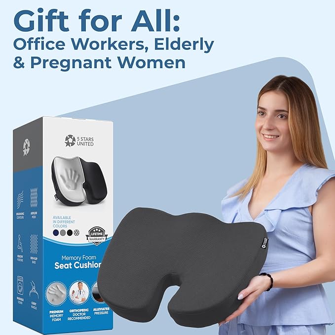 5 STARS UNITED Seat Cushion for Tailbone Pain Relief – Memory Foam Lifting Pillow for Coccyx, Hip, Hemorrhoid, Sciatica & Post-Surgery Recovery – Wheelchair, Car, Desk, Gaming & Office Chairs, D Gray-DeskLoop Office