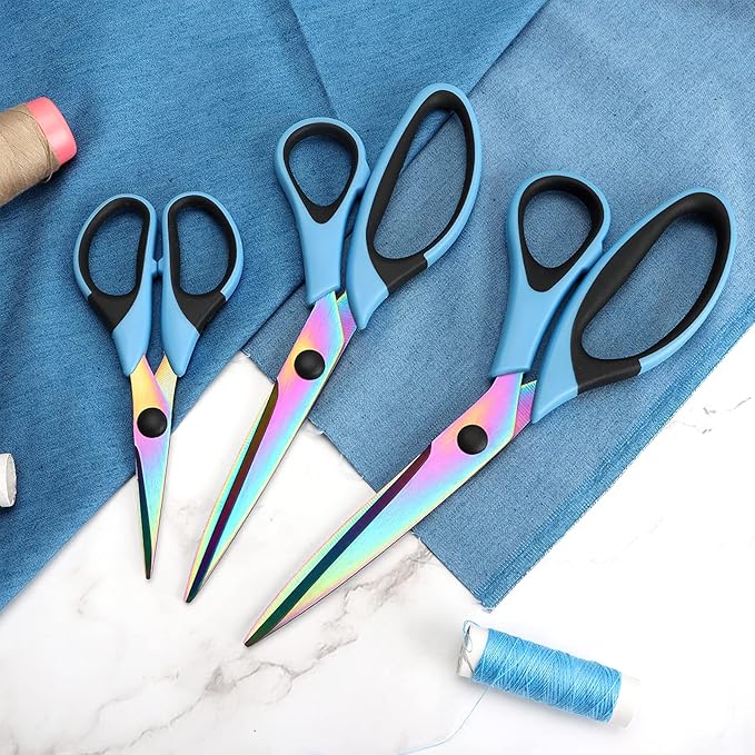 Craft Scissors Set of 3 Pack, All Purpose Sharp Titanium Blades Shears, Rubber Comfort Grip Handle, Multipurpose Fabric Scissors Tool Set Great for Office, Sewing, Arts, School and Home Supplies, Blue-DeskLoop Office
