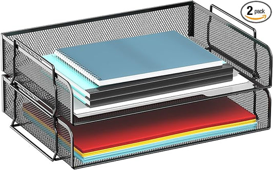 2 Tier Stackable Letter Tray, Metal Mesh File Storage Desktop Organizer for Home Office, Black-DeskLoop Office