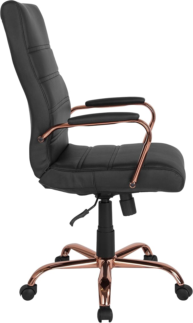 Flash Furniture Whitney High-Back Swivel LeatherSoft Desk Chair with Padded Seat and Armrests, Adjustable Height Padded Office Chair, Black/Rose Gold-DeskLoop Office