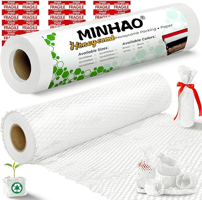Honeycomb Packing Paper, 12"x50' White | Perforated Honeycomb Packing Paper Recyclable Moving Supplies for Shipping & Moving | Plastic-Free Alternative to Bubble Cushion Wrap with 36 Fragile Stickers-DeskLoop Office