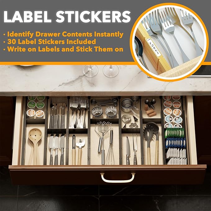 SpaceAid Bamboo Drawer Dividers with Inserts and Labels, Kitchen Adjustable Drawer Organizers, Expandable Organization for Home, Office, Dressers, 10 Dividers with 24 Inserts (17"-22" Black)-DeskLoop Office