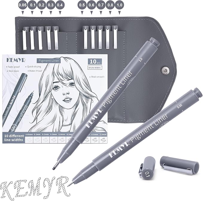 10 Micro Fine liner Drawing Art Pens Calligraphy Pens: 0.05mm-1.0mm Size Grey Art supplies Waterproof Archival Grey Ink Markers For Artists,Use for Professional Watercolor,Sketching-DeskLoop Office