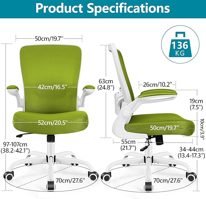 FelixKing Office Chair, Ergonomic Desk Chair Breathable Mesh Chairs with Adjustable High Back Lumbar Support Flip-up Armrests, Executive Swivel Comfy Task Computer Chairs for Home Office Avocado Green-DeskLoop Office