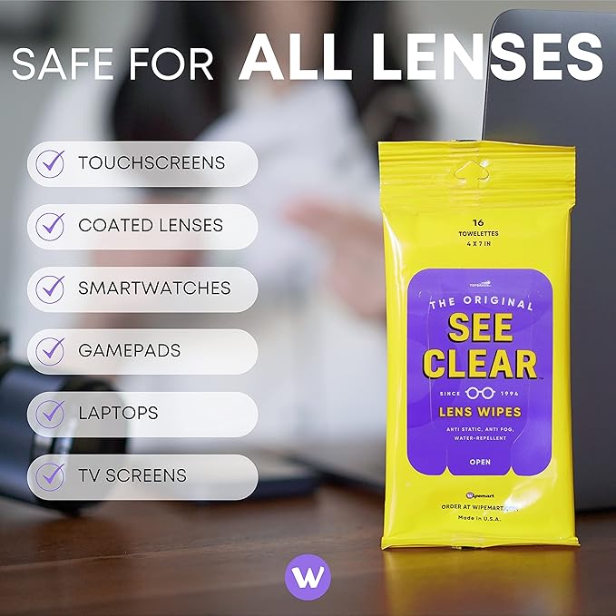 See Clear Original Lens Cleaning Wipes - Pre-Moistened Eyeglass & Screen Cleaning Cloth Towelettes - Streak Free, Scratch Free Lens & Electronic Screen Cleaner - 12 Resealable Packs of 16 (192 Wipes)-DeskLoop Office