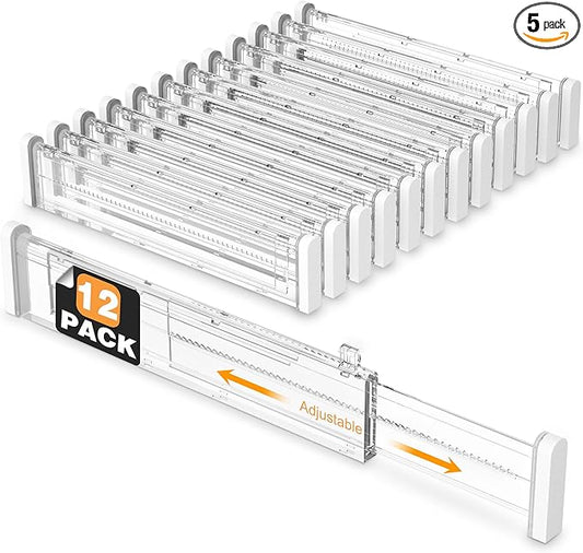 HiYZ Expandable Drawer Dividers - 12.6-22.8'' Adjustable Drawers Organizers for Kitchen Utensils, Drawer Separators in Bedroom, Dresser, Office, Bathroom, Fridge, 12 Pack Long Dividers-Clear-DeskLoop Office