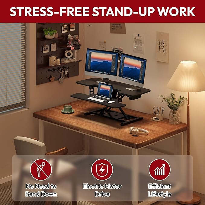 SANODESK 42" Electric Standing Desk Converter, Height Adjustable Riser for Office Home,Dual Monitor and Laptop Workstation with Large Keyboard Tray,Black Color-DeskLoop Office