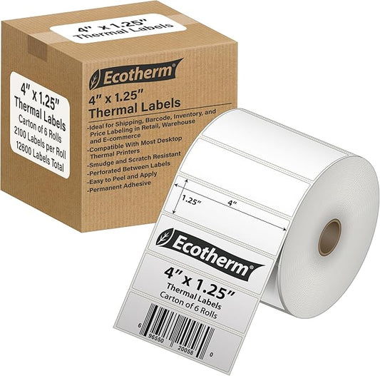 4" x 1.25" Thermal Labels | 6 Rolls | 12600 Labels | fits Zebra, Munbyn, Rollo, Godex, Arkscan, iDPRT, Offnova Thermal Label Printers and More | Blank White Adhesive Stickers by Ecotherm-DeskLoop Office