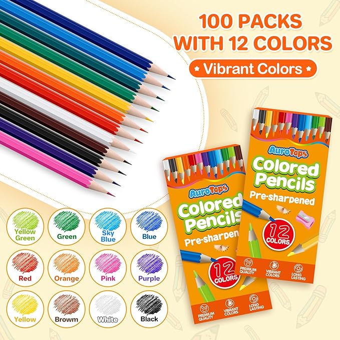 100 Packs Colored Pencils Bulk,1200 Count Pre-Sharpened Colored Pencils in Bulk,Vibrant Colors,12 Color Pencils Set for Classroom Prizes,Back to School Supplies for Kids-DeskLoop Office