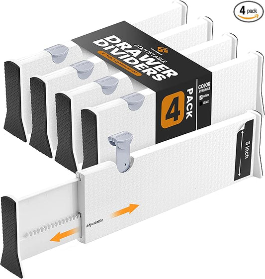 RAPTUROUS Adjustable Deep Drawer Divider – 5" Tall, Expandable 13-22", 4-Pack, Non-Slip Drawer Dividers for Clothes, Dresser, Kitchen & Office Organization (White)-DeskLoop Office
