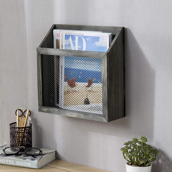 MyGift Rustic Magazine Holder Vintage Gray Wood and Chicken Wire Design Wall Mounted/Tabletop Mail Sorter, Farmhouse Home, Bathroom, Office Magazine Rack-DeskLoop Office