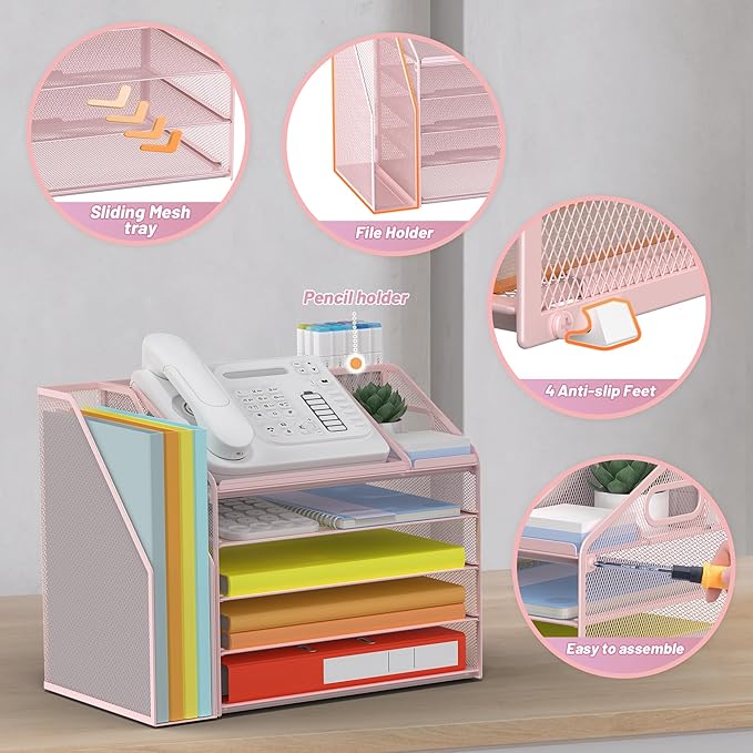 DocNest 5 Tier Paper Letter Tray File Organizer, Mesh Desk File with Handle, Workspace Desk Organizers with Pen Holder, Office Organization Storage Accessories - Pink-DeskLoop Office