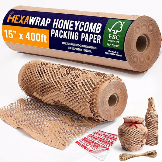 Honeycomb Packing Paper 15" x 400ft with Rope & 20 Fragile Stickers|Shipping & Moving Supplies|Small Business Packaging Supplies|Eco Friendly Bubble Wrap Packing Boxes for Moving Certified FSC C204227-DeskLoop Office