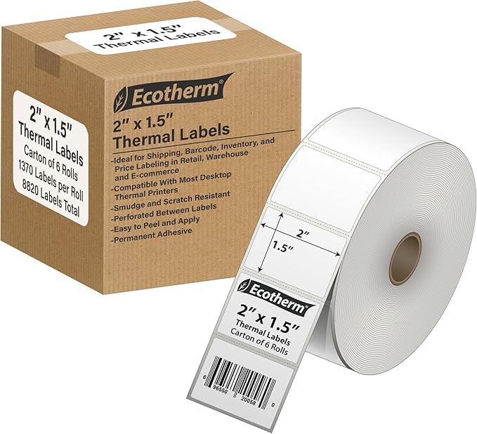 2" x 1.5" Thermal Labels | 6 Rolls | 8220 Labels | fits Zebra, Munbyn, Rollo, Godex, Arkscan, iDPRT, Offnova Thermal Label Printers and More | Blank White Adhesive Stickers by Ecotherm-DeskLoop Office