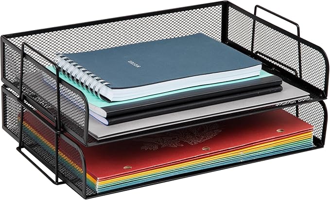 Mind Reader Stackable Paper Tray, Desktop Organizer, File Storage, Office, Metal Mesh, 13.25" L x 9.75" W x 6.25" H, 2 Pcs., Black-DeskLoop Office