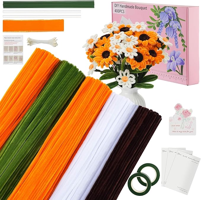 400 Pieces Craft Pipe Cleaners Bulk,Floral Stems for Pipe Cleaner Flowers with Floral Wires, Gardening Tape,Hot Glue Stick,Greeting Card,Bouquet Paper, Stamen & Ribbon,Festival Gifts for Kid,Adult-DeskLoop Office