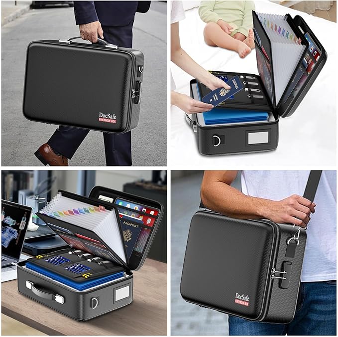 DocSafe Fireproof Document Box with Lock&Shoulder Strap, Hard-Shell Case File Organizer with Accordion File Folder, Multi-Layer Portable Home Office Travel Safe Storage for Important Documents Laptop-DeskLoop Office