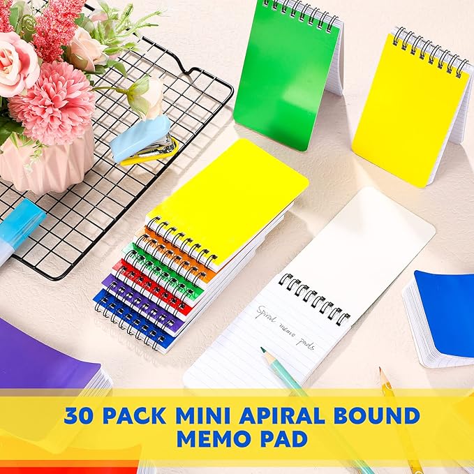 30 Pack Spiral Memo Pads 3 x 5 Inch Spiral Journal Lined Wirebound College Ruled Notebook Solid Colors, 75 Sheets/pad, Notebook for School Office Travel Business Supplies (Bright Color)-DeskLoop Office