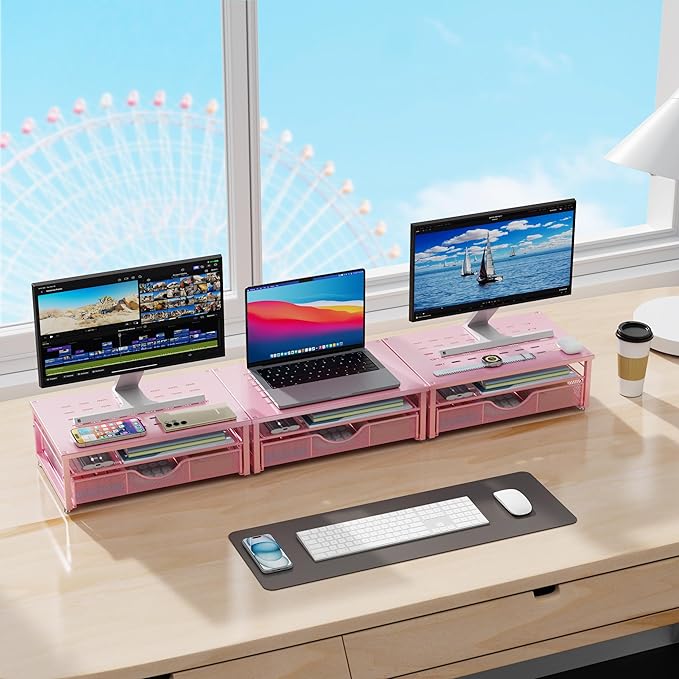 gianotter Computer Monitor Stand Riser, office organizer with Drawer, Office Organizers Storage for Classroom Office Supplies (Pink)-DeskLoop Office