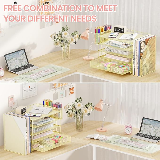 Desk Organizers and Accessories, 5-Tier Paper File Organizer with Drawer & Pen Holder, Office Desk Accessories Workspace Desktop Organizer for Office Supplies(Gold)-DeskLoop Office