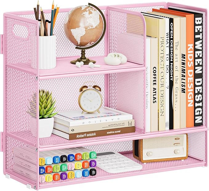 Marbrasse 3-Tier Desk Shelf Organizer with Handle, Desktop Bookshelf File Holder, Mesh Display Shelf Organizer Storage Rack for Office, Home, Supplies, Kitchen (Pink)-DeskLoop Office