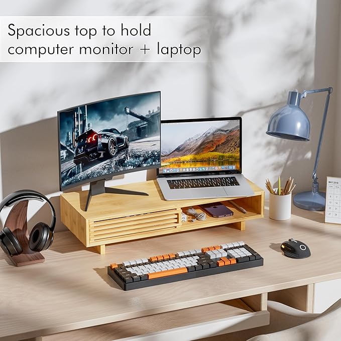 Zri Bamboo Computer Monitor Stand with Drawer, Dual Laptop Stand for Desk,Single Monitor Riser with Storage,Wood Office Desk Organizer & Accessories-DeskLoop Office