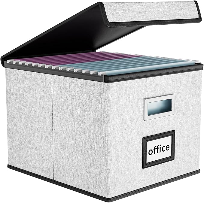 Huolewa Decorative File Storage Organizer Box with Lid, Portable Collapsible Linen Hanging Filing & Storage Boxes for Office/Decor/Home (White) - 14.9 x 12.7 x 10.8 inch - 1Pack-DeskLoop Office