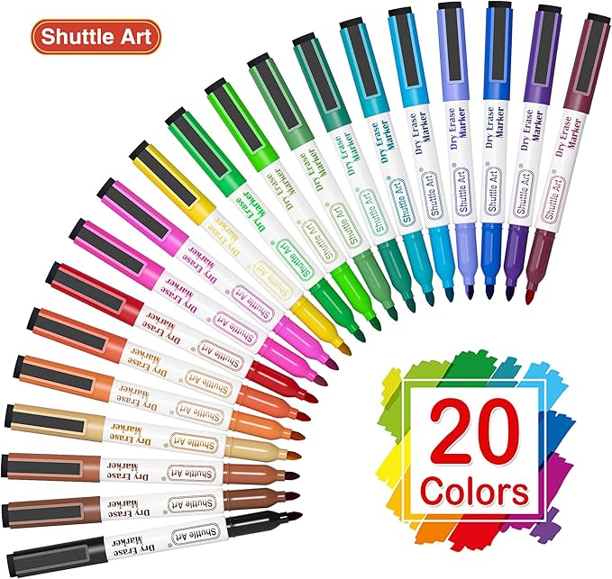Shuttle Art Magnetic Whiteboard Markers, 20 Pieces Fine Tip and Eraser, Dry Erase Whiteboard Markers, for Writing on Whiteboards, Weekly Planner, Glass for School Office Home-DeskLoop Office