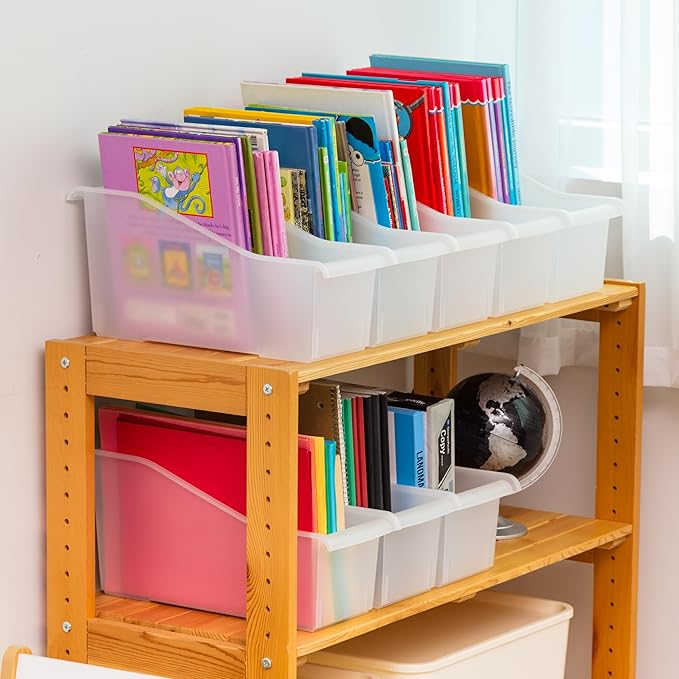 IRIS USA Plastic Book Bin Magazine Holder, 8-Pack, Vertical Standing Connecting Container Box for Office Dorm Study Homework Binder Notebook File Craft Stationery Supplies Organizer Caddy, Clear-DeskLoop Office