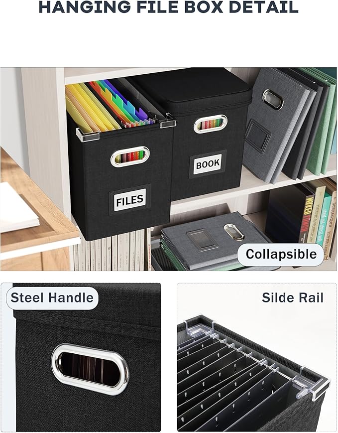Oterri File Organizer Box with Lid, Hanging Filing File Box with Mesh Pocket, Document Organizer Box for Letter Files, Portable Storage Box with Smooth Sliding Rail for Office&Home (1 PCS, Black)-DeskLoop Office