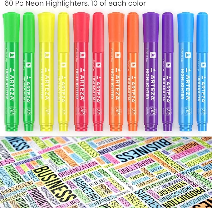 ARTEZA Highlighters Assorted Colors, Set of 60, Wide & Narrow Chisel Tip Pens-DeskLoop Office