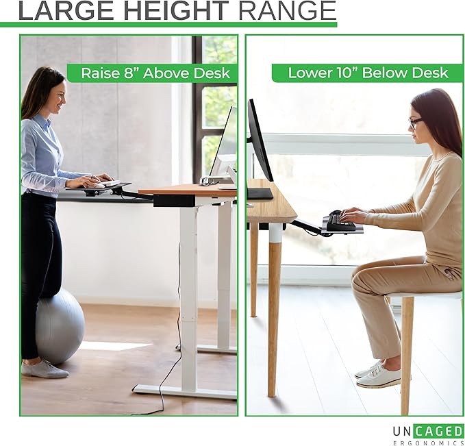 Uncaged Ergonomics KT2-b Under-Desk Adjustable Height & Angle Sit to Stand Up Keyboard Tray with negative tilt Best standing desk computer keyboard holder drawer-DeskLoop Office