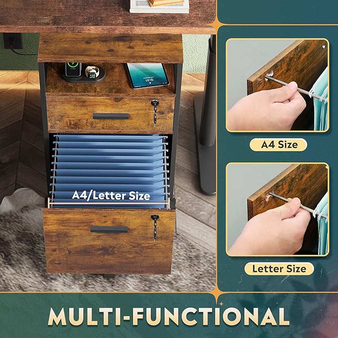 DEVAISE 2 Drawer File Cabinet with Lock and Charging Station, Wood Filing Cabinet fits A4 or Letter Size, Mobile Printer Stand with Open Storage Shelf for Home Office, Rustic Brown-DeskLoop Office