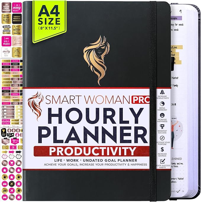 Hourly Planner - Undated Daily, Weekly & Monthly Planner with Budget Section | A 12 Month Journey to Increase Productivity & Happiness | Life Organizer & Gratitude Journal - Vertical Format-DeskLoop Office