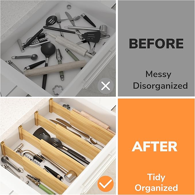 BAMEOS 4 PCS Bamboo Drawer Divider Adjustable Drawer Dividers Kitchen Drawer Organization Utensil Organizers for Kitchen Dresser Bathroom Bedroom and Office-DeskLoop Office