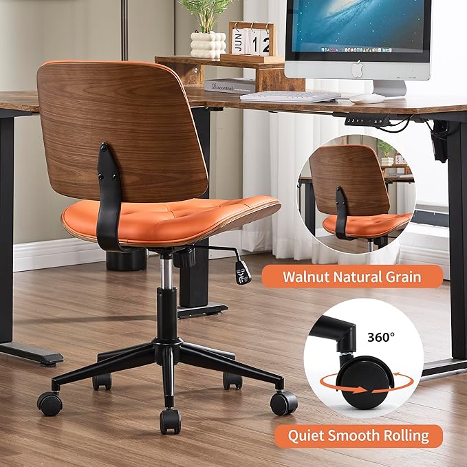 Small Home Office Chair - Armless Mid Back Desk Chair with 360° Swivel and Wheels, PU Upholstered Height Adjustable Modern Walnut Computer Chair for Home, Office Meeting Room - Orange-DeskLoop Office