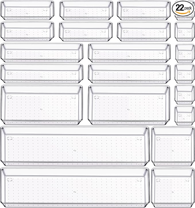 Criusia 22 Pcs Drawer Organizer Bins, Acrylic Non Slip Kitchen Drawer Organizers Storage Tray Divider, Multifunctional Storage for Cosmetics, Bathroom, Tools, Kitchen and Office-DeskLoop Office