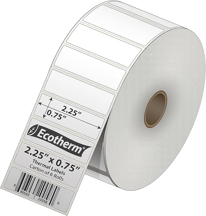 2.25" x .75" Thermal Labels | 6 Rolls | 19890 Labels | fits Zebra, Munbyn, Rollo, Godex, Arkscan, iDPRT, Offnova Thermal Label Printers and More | Blank White Adhesive Stickers by Ecotherm-DeskLoop Office