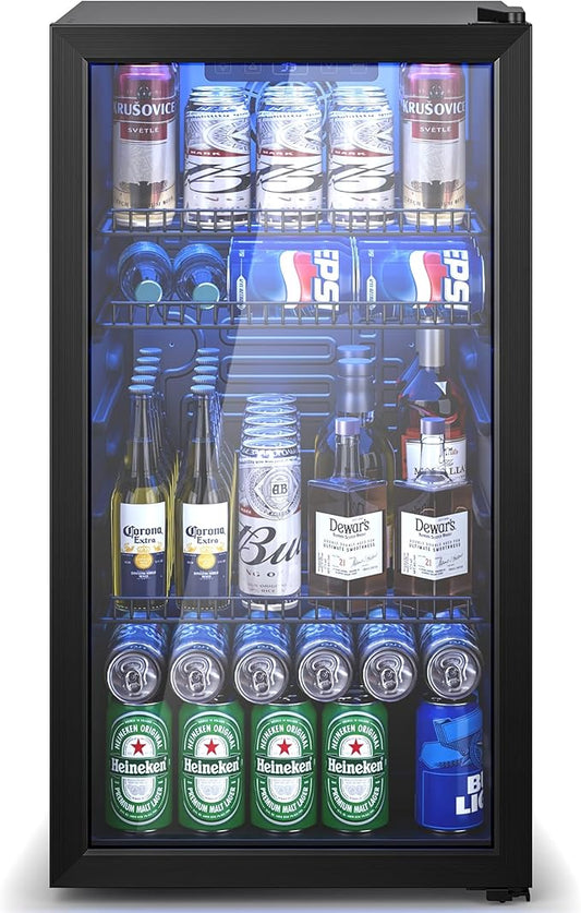 Beverage Refrigerator Cooler, 120 Can Drink Fridge with Glass Door for Soda Beer or Wine, Digital Temperature Control, Mini Fridge for Bedroom, Bar, Office (Black, 3.23 Cu.Ft)-DeskLoop Office