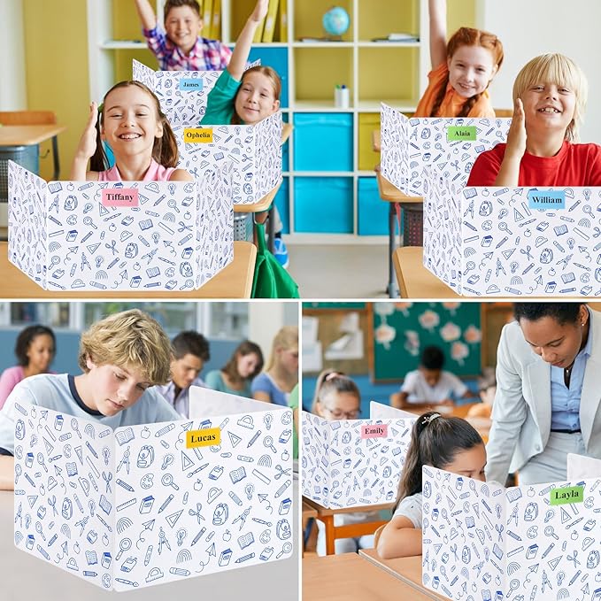 24 Pack Printing Privacy Floders for Student Desks - Durable Plastic Erasable - Testing Dividers for Classroom - Easy Clean Privacy Shields for Student - Includes Extra Labels White-DeskLoop Office