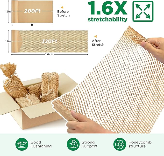 Honeycomb Packing Paper, 12"x200' Brown | Perforated Honeycomb Packing Paper Recyclable Moving Supplies for Shipping & Moving | Plastic-Free Alternative to Bubble Cushion Wrap with 36 Fragile Stickers-DeskLoop Office
