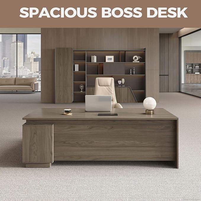 Executive Office Desk with Reversible Cabinets, Lockable Drawers, Cable Box & Privacy Panel – Modern Wood Grain Desk for Home Office or Business Use(Black Walnut,63" L*32" W*30" H)-DeskLoop Office