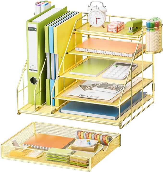 Marbrasse Desk Organizer with File Holder, 5-Tier Desk Organizer and Accessories with Drawer and 2 Pen Holders, Mesh Paper Letter Tray, Desktop Storage for Office Supplies (Gold)-DeskLoop Office