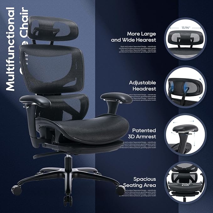 COLAMY Ergonomic Mesh Office Chair with Footrest, Executive High Back Computer Desk Chair with Wide Headrest and Adjustable 3D Arms, Backrest, Tilt Lock and Lumbar Support(Black)-DeskLoop Office