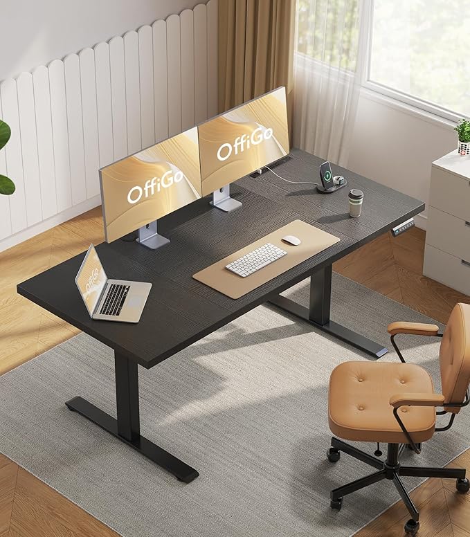 OffiGo Electric Standing Desk with 3-Piece Board, 71 Inch Height Adjustable Large Desk with Power Outlets, Sit Stand Table, Writing Computer Desk for Home, Office, Workstation, Black-DeskLoop Office