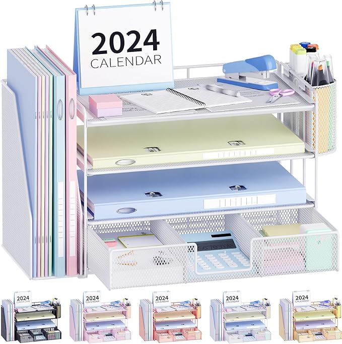 Desk Organizer and Accessories, 4-Tier Desktop File Organizer with Drawer and 2 Pen Holders, Office Desk Accessories for Office Supplies(White)-DeskLoop Office