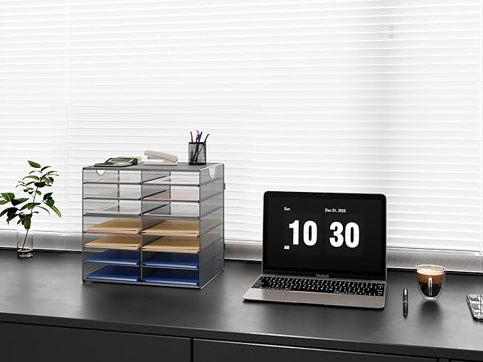 EasyPAG 14-Slot Mesh Desk File Organizer with Handle, Metal Frame Paper Tray for Classroom/Office/Home - Easy Assembly, Durable Tiered Sorter & A4/Letter Size, Silver-DeskLoop Office