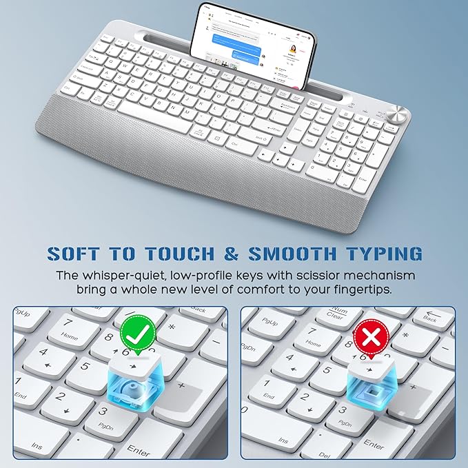 JOYACCESS Ergonomic Wireless Keyboard, 2.4GHz Cordless USB Full-Size Keyboard with Wrist Rest, Quiet Design & Numeric Keypad, Phone Holder for Desktop, Laptop, PC, Mac, Windows -Silver White-DeskLoop Office